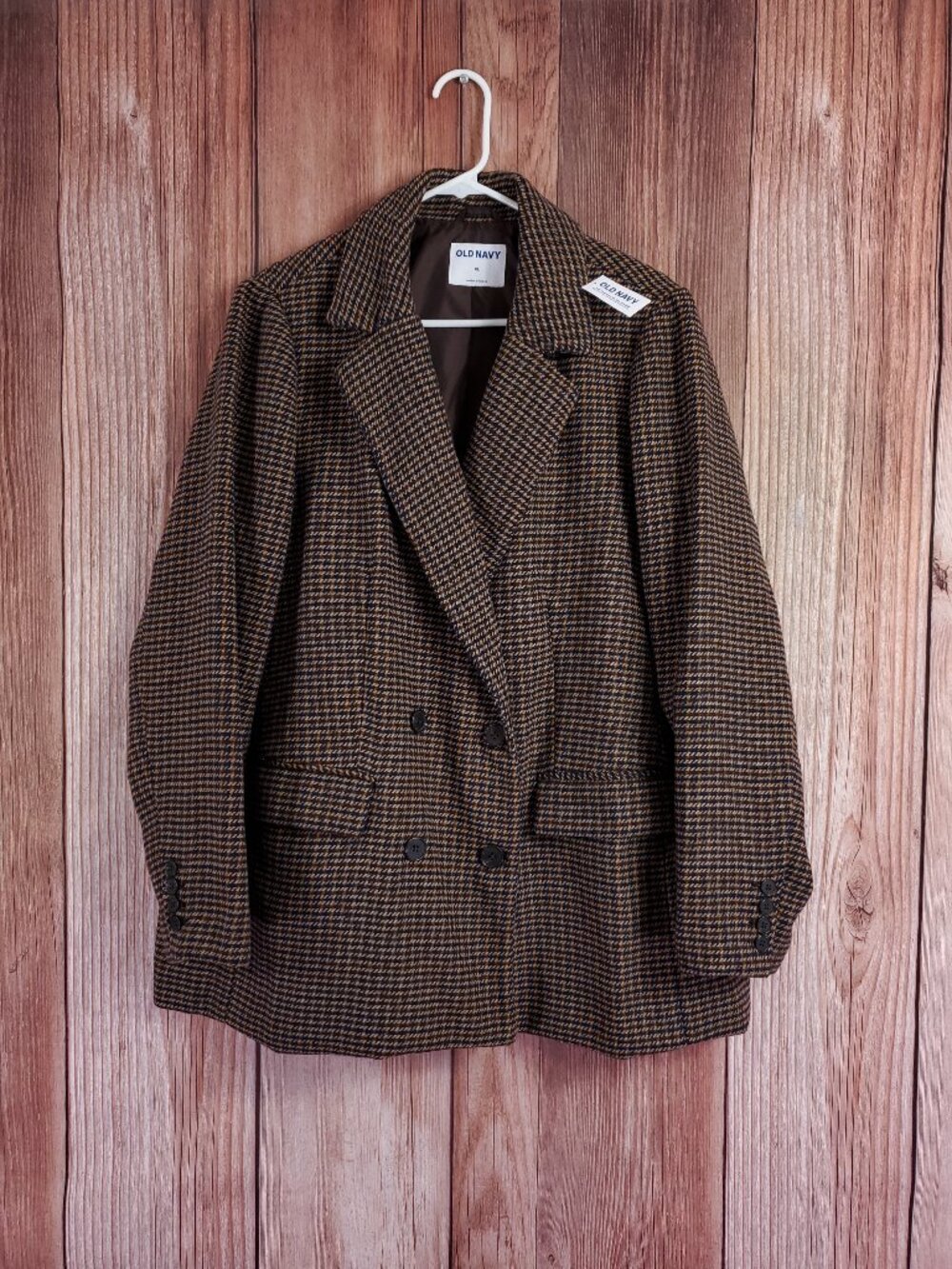 NWT Old Navy Womens XL Plaid Double Breasted Blazer Jacket Brown Houndstooth